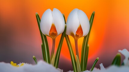 Sticker - Two white flowers with orange centers are in front of a sunset. The flowers are surrounded by green stems and are positioned close to each other. Concept of warmth and beauty, as the flowers