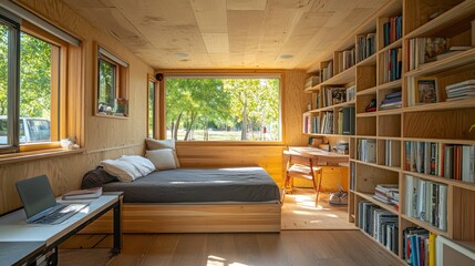 Canvas Print - A small, cozy room with a bed, a desk, a bookshelf, and a large window looking out onto a green lawn.