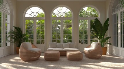 Sticker - Modern living room with white walls and large arched windows, featuring wicker furniture