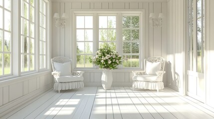 Poster - Sunlit White Room with Two Chairs and a Flower Arrangement.