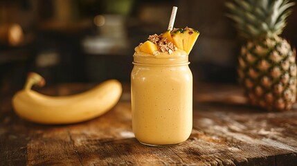 Wall Mural - A refreshing, vibrant smoothie made with an assortment of tropical fruits, including sweet mango, creamy banana, and tangy pineapple. Presented in a classic Mason jar atop an aged wooden surface