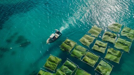 Aerial view of seaweed farming in a turquoise ocean.