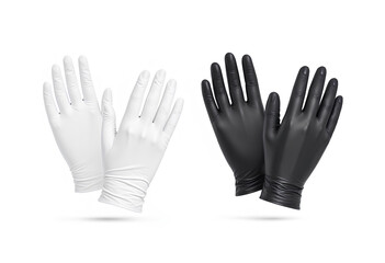 Blank black and white rubber gloves mockup, front and back.