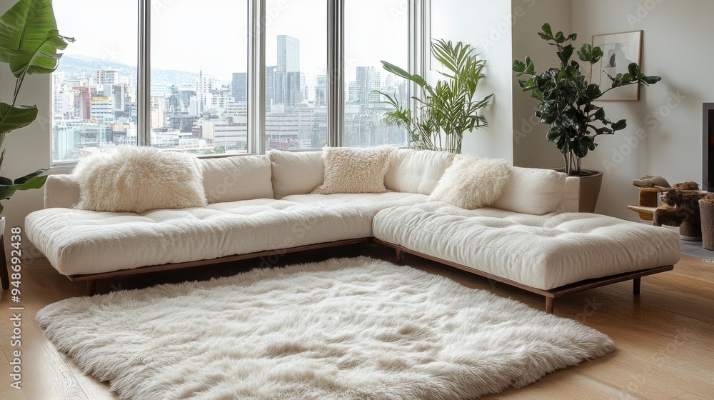 scandi-style lounge with a plush white rug and modern sectional sofa for a cozy home feel interior design banner idea