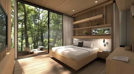 Sticker - Modern bedroom with wood paneling and large windows overlooking a forest.