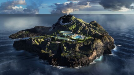 Canvas Print - An aerial view of a secluded, luxurious villa built on a volcanic island in the middle of the ocean.