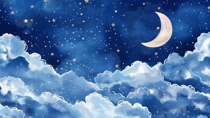 Wall Mural - watercolor painting background of starry night sky with clouds
