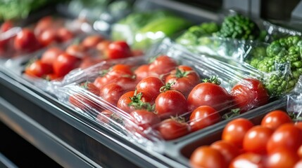 Wall Mural - Fresh Red Tomatoes in Plastic Packaging at a Grocery Store