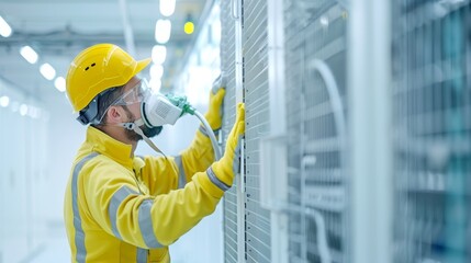 A man in a yellow helmet and safety glasses is working on a computer monitor