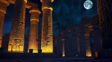 Poster - Ancient Egyptian temple columns illuminated by moonlight.