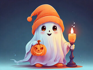 Wall Mural - Cute ghost in an orange cap with a torch in his hand and a pumpkin