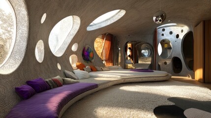 Poster - A modern, curved bed with a plush purple seat cushion set into the wall of a unique, cave-like bedroom with an abstract painting.