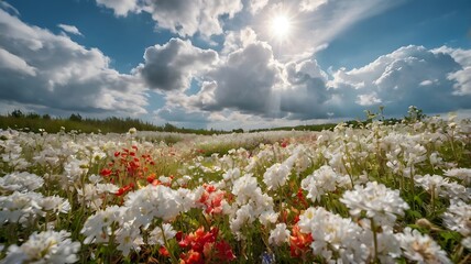 Wall Mural - The image of a pristine white landscape dotted with vibrant flowers under a sky adorned with fluffy clouds and sunlight	