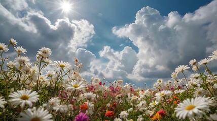 Wall Mural - The image of a pristine white landscape dotted with vibrant flowers under a sky adorned with fluffy clouds and sunlight	