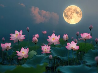 Canvas Print - The full moon hangs high in the sky, and pink lotus flowers bloom on green leaves by nightfall. Pink petals dance gracefully with soft lighting