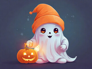 Wall Mural - Cute ghost in an orange hat with a pumpkin