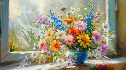 Wall Mural - A Colorful Bouquet of Flowers in a Blue Vase