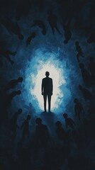 Wall Mural - a solitary figure surrounded by shadowy figures with harsh words etched into the air, yet they hold 