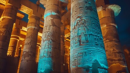 Poster - Ancient stone columns illuminated with vibrant blue light.