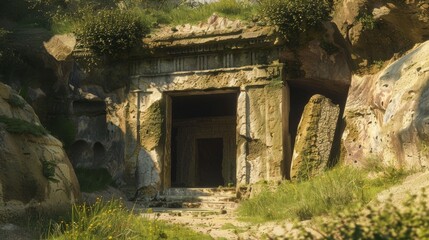 Wall Mural - Ancient stone doorway leading into a dark cave, overgrown with plants.