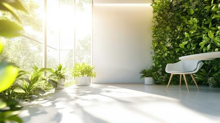 Poster - Modern interior design with a white chair, a table and a green wall.