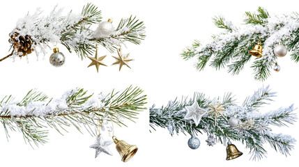 Snow-covered pine branches with Christmas ornaments, isolated on a blank background.