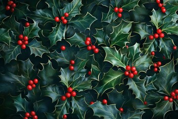 Christmas holly background with red berries, perfect for holiday season decorations and festive designs with generative ai