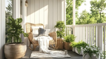 Sticker - A wicker rocking chair sits on a porch with plants, a white throw blanket, and a rug.