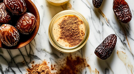 Dates and cocoa powder in a jar on a marble background.