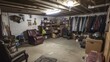 © Iswanto - A cluttered basement with a brown leather recliner, shelves, and clothes hanging on a rack.