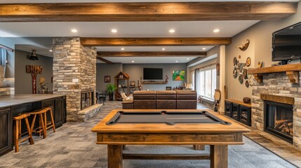 A modern, rustic basement with a pool table and a fireplace.