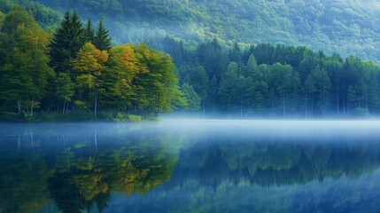 Wall Mural - Serene morning at a misty lake surrounded by vibrant autumn foliage in a tranquil forest setting