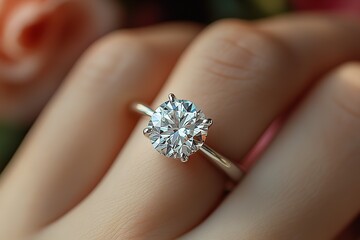 A woman is holding a ring with a large diamond in it