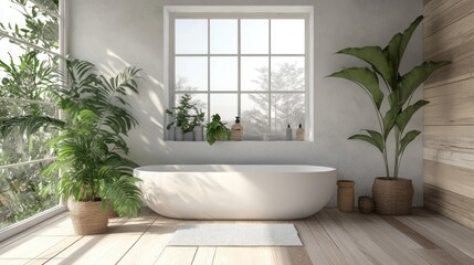 Poster - Modern bathroom interior with bathtub, plants, and wooden wall.