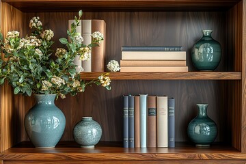 A wooden bookshelf with a vase of flowers on the top shelf