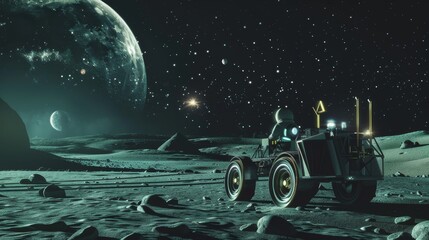 Poster - Astronaut exploring a desolate alien landscape in a lunar rover.