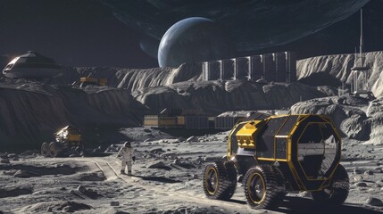 Poster - Astronauts explore a lunar landscape with futuristic vehicles and a base in the distance.