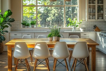 A large wooden dining table with white chairs and potted plants in front of it