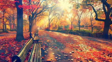 Canvas Print - Autumnal park path with fallen leaves and benches.