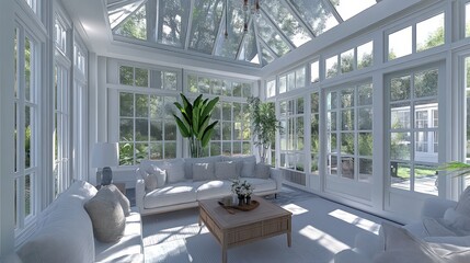 Wall Mural - A bright and airy sunroom with a white sofa, a coffee table, and plants.