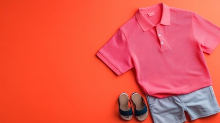 Colorful clothing ensemble featuring a pink polo shirt, shorts, and stylish sandals against a vibrant orange background.