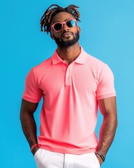 Stylish man in bright pink polo shirt and sunglasses, exuding confidence against a vibrant blue background.