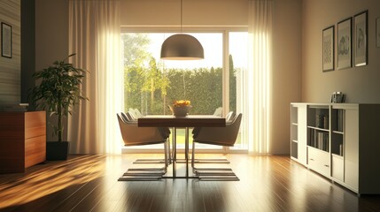 Poster - Modern dining room interior with a large window, wooden floor, and a table set with chairs.