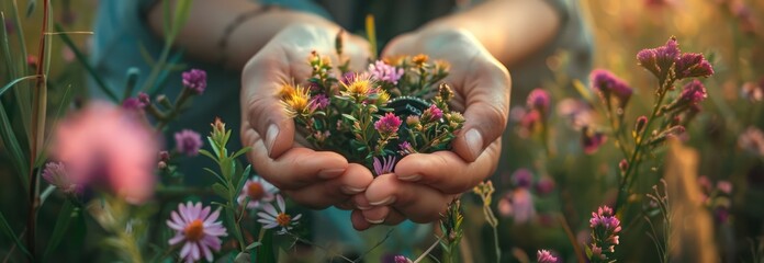 Wall Mural - Hands Holding Flowers in a Field