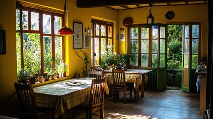 A charming dining room with a wooden table and chairs, a large window with a view of a garden, and a bright yellow wall.