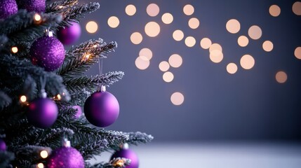 Wall Mural - a christmas tree adorned with purple baubles and twinkling lights.
