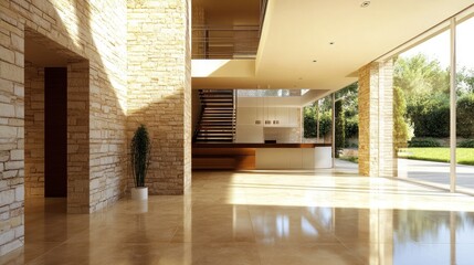 Modern interior design with stone walls and a glass door leading to a garden.