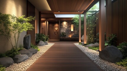 Poster - A wooden walkway leads through a zen garden with white pebbles and large rocks.