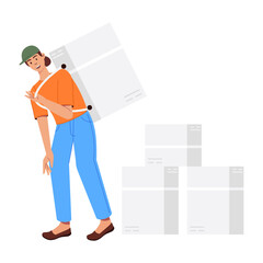 Sticker - Delivery girl with courier boxes, flat illustration 

