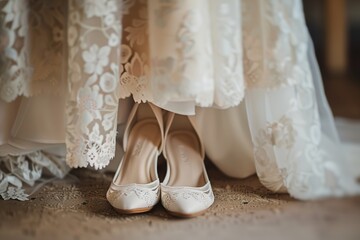 Bridal shoes under lace wedding dress, elegance and simplicity